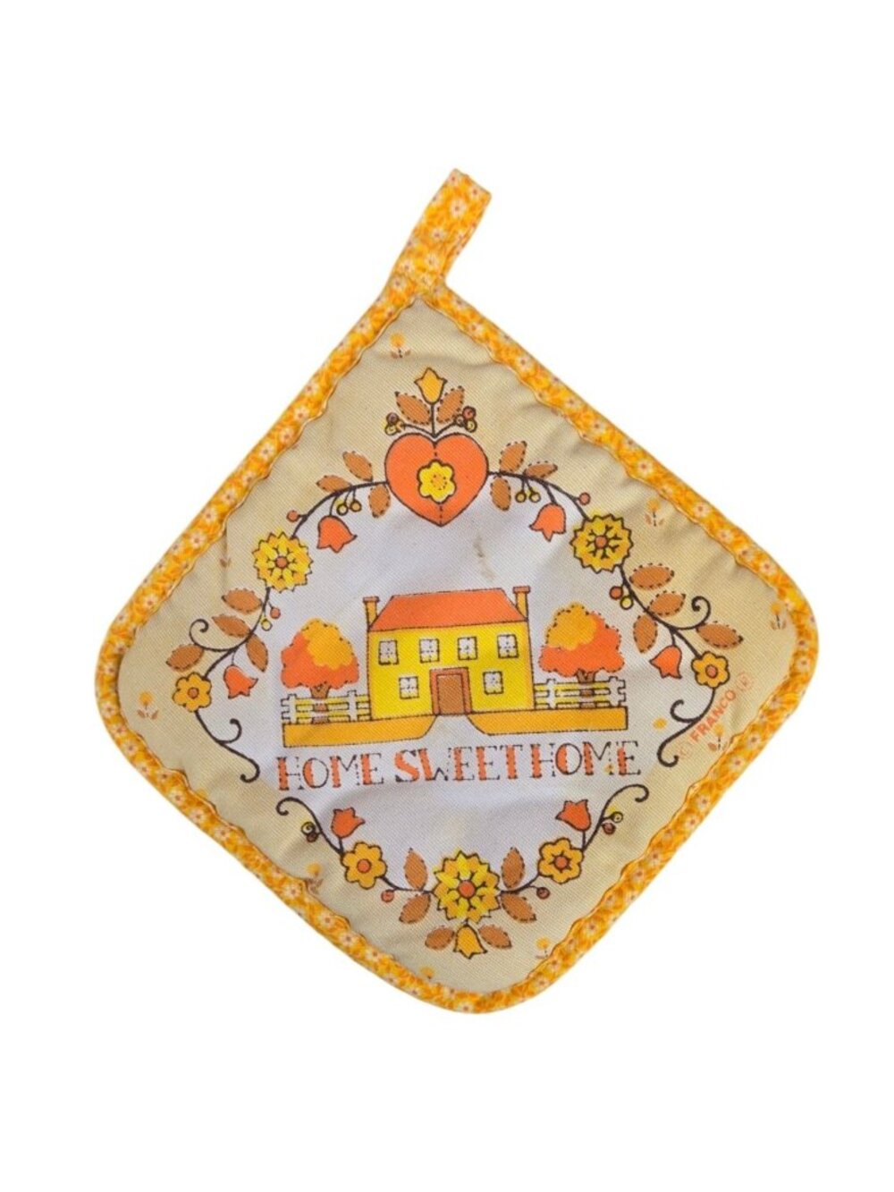 Vintage Home Sweet Home Quilted Cotton Pot Holder Yellow Cottagecore 1980s Retro